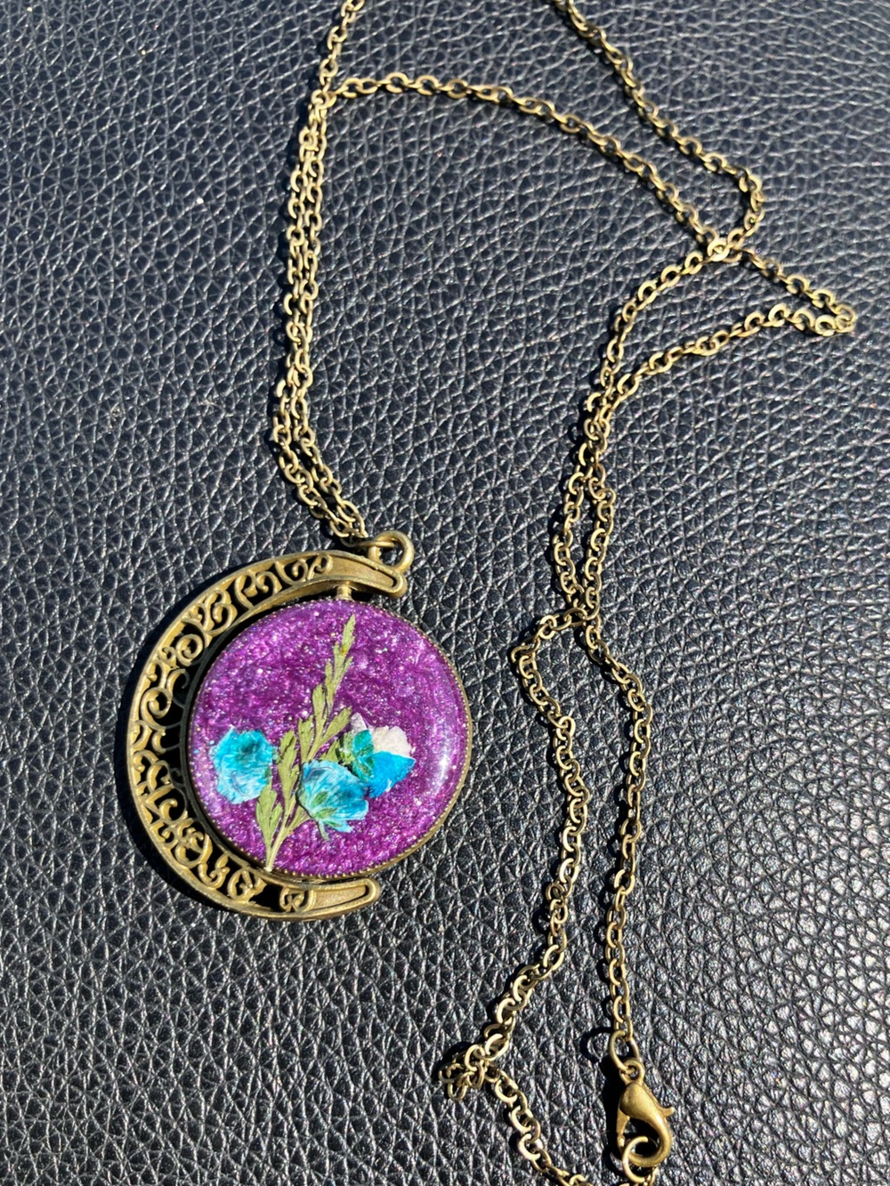 Double sided moon pendant necklace blue and purple